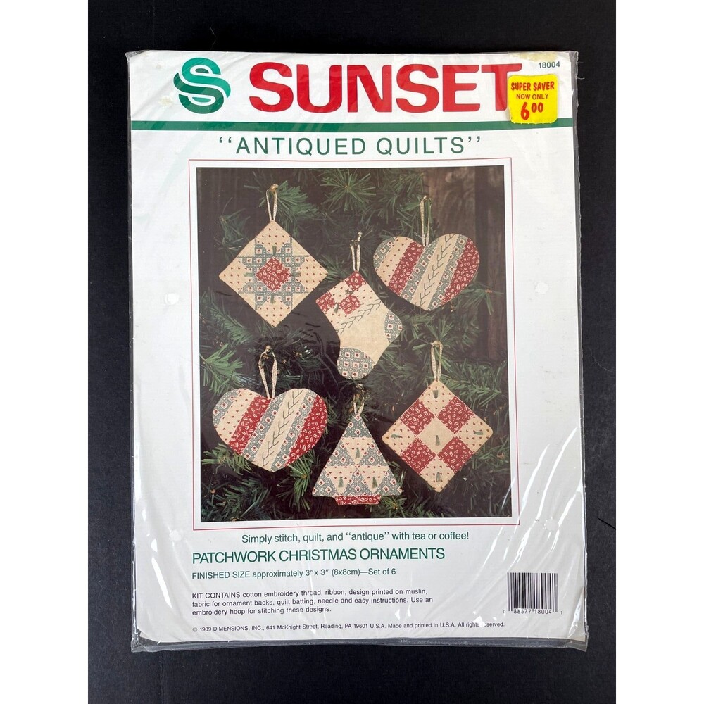New Sunset PATCHWORK CHRISTMAS ORNAMENTS Antiqued Quilts Vintage Heart Tree Kit